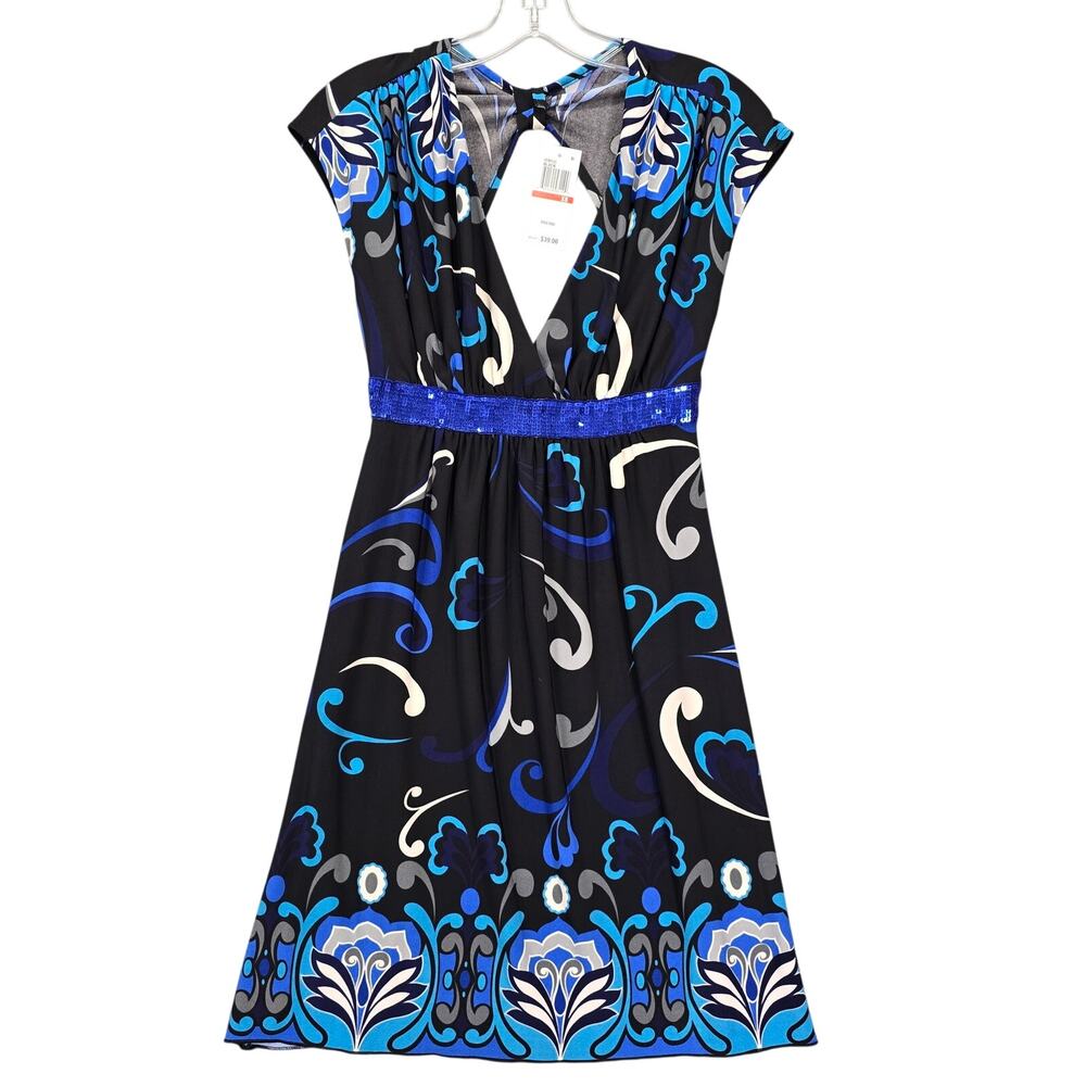Trend Black Blue Mini Dress NEW $39 Stretch Sequin Keyhole Cap Sleeves Women's S